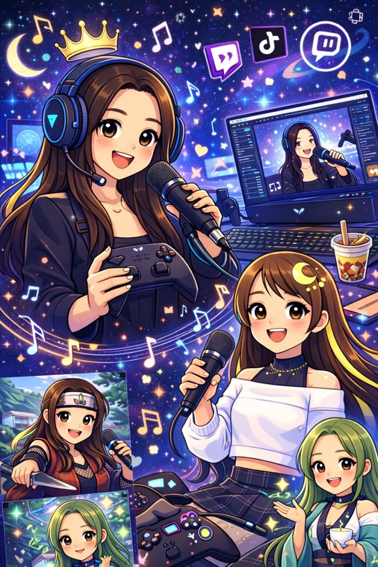 Collage anime de Valesuki transmitiendo, con micrófono y control en mano