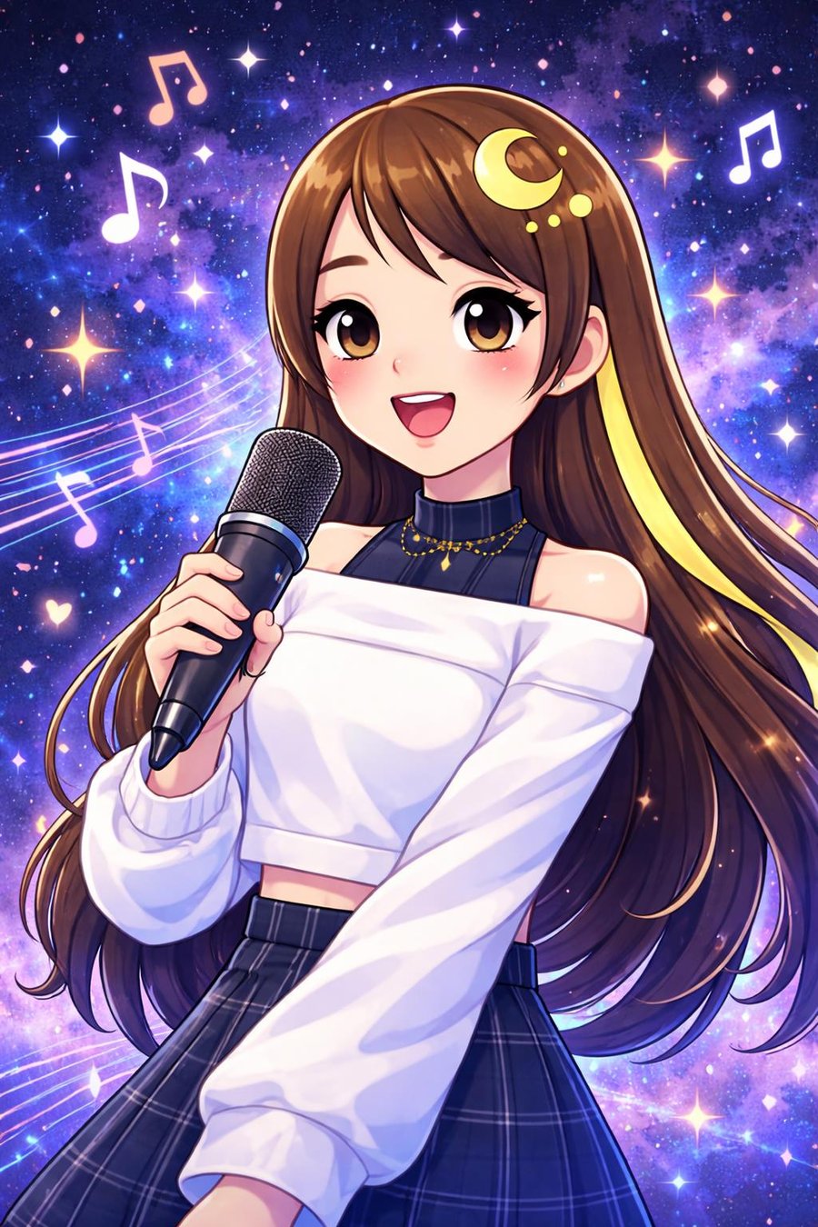 Ilustración anime de Valesuki cantando con un micrófono, bajo un cielo estrellado